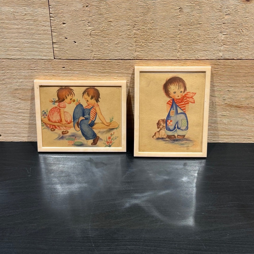 Vintage Kitschy Big Eye Children Wall Art Set 2 Mid Century Nursery Decor 4x5